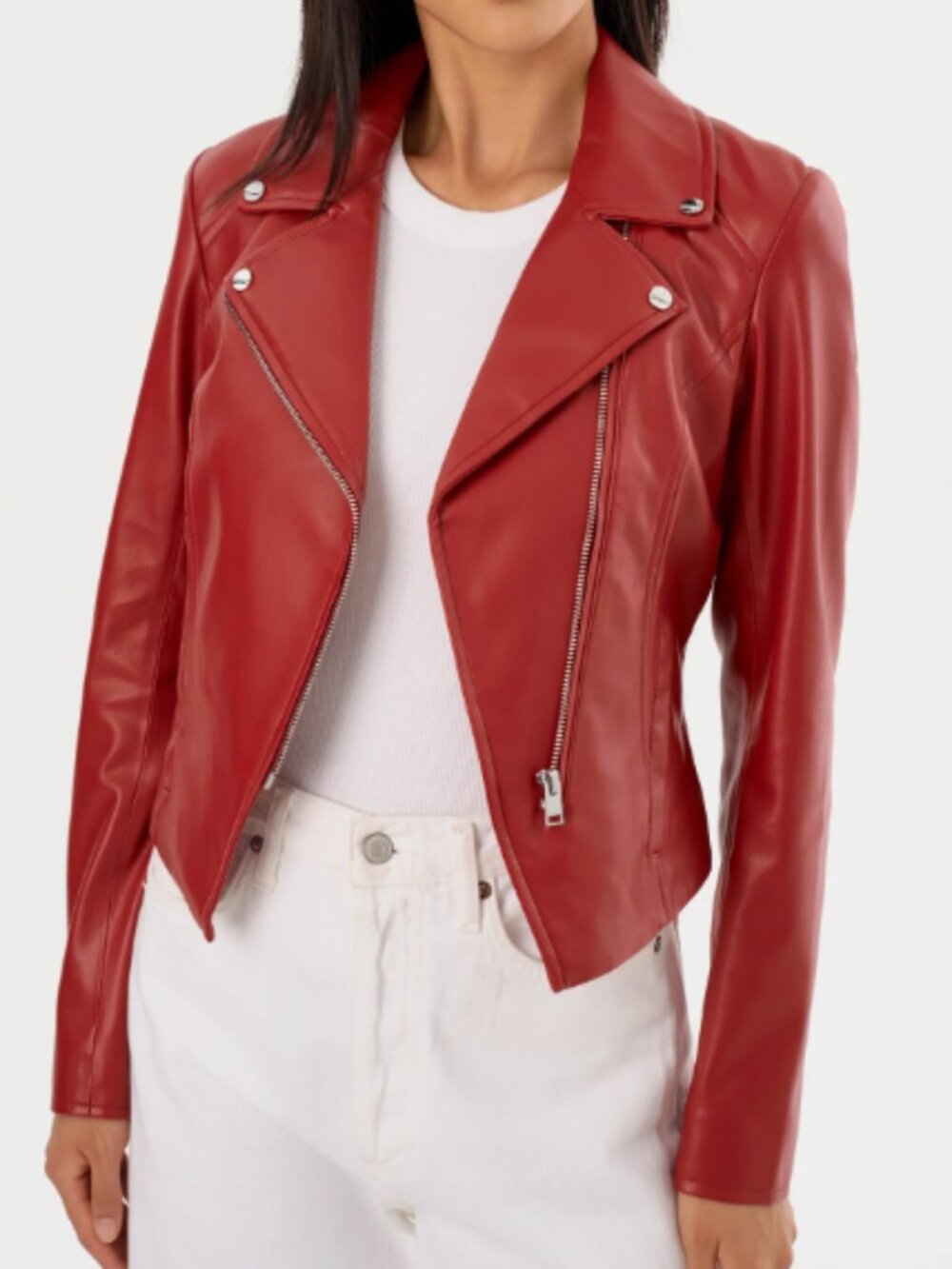 Lamarque PASCALE Fitted Faux Leather Moto Jacket in Ruby Red